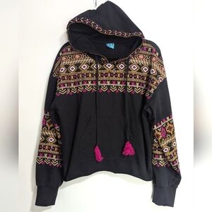 KAS New York Black Purple Aztec Embroidered Hoodie Sweatshirt Size Medium